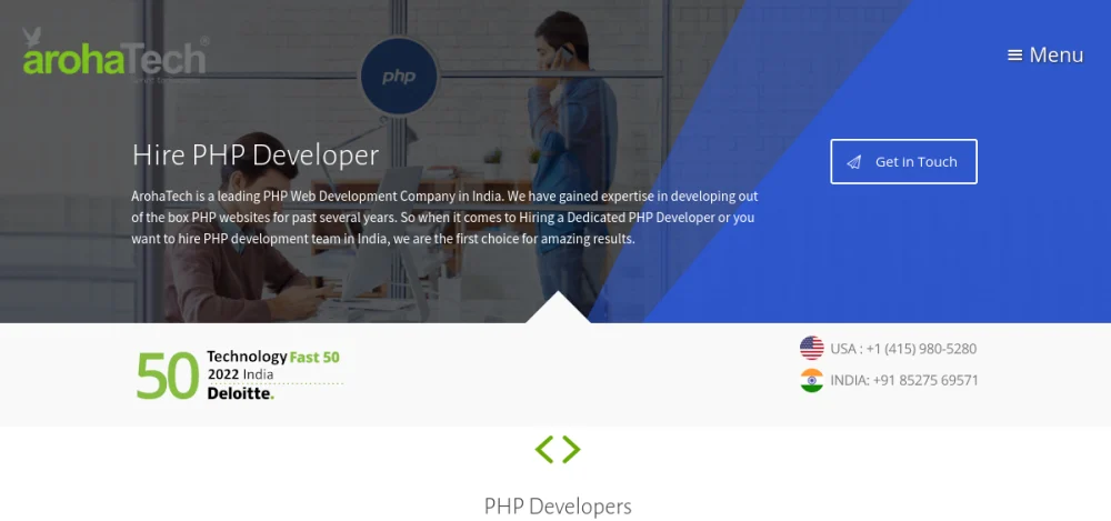Aroha Technologies hire PHP developers page