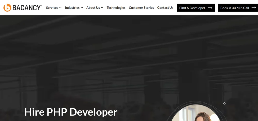 Bacancy Technology hire PHP developers page
