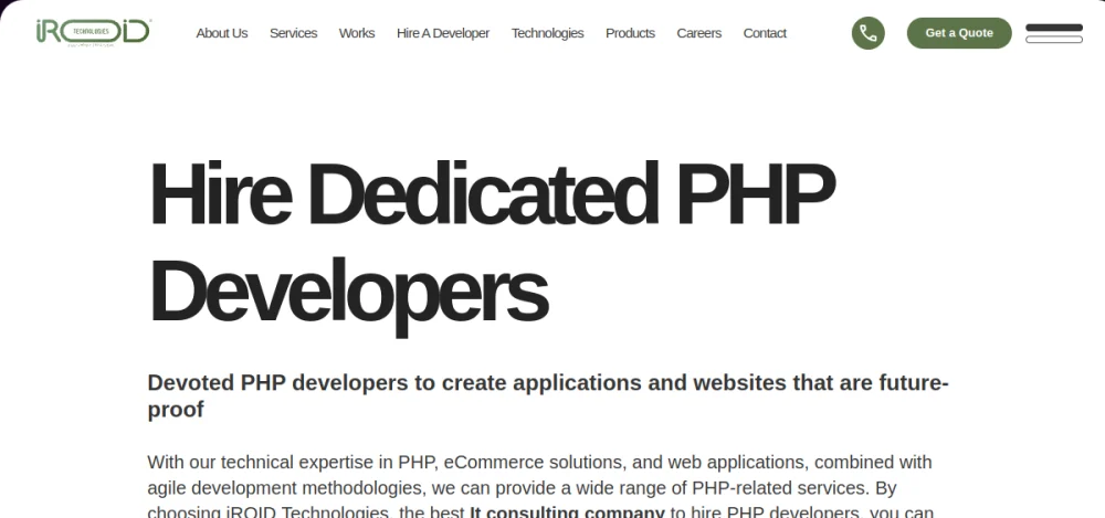 iROID Technologies hire PHP developers page