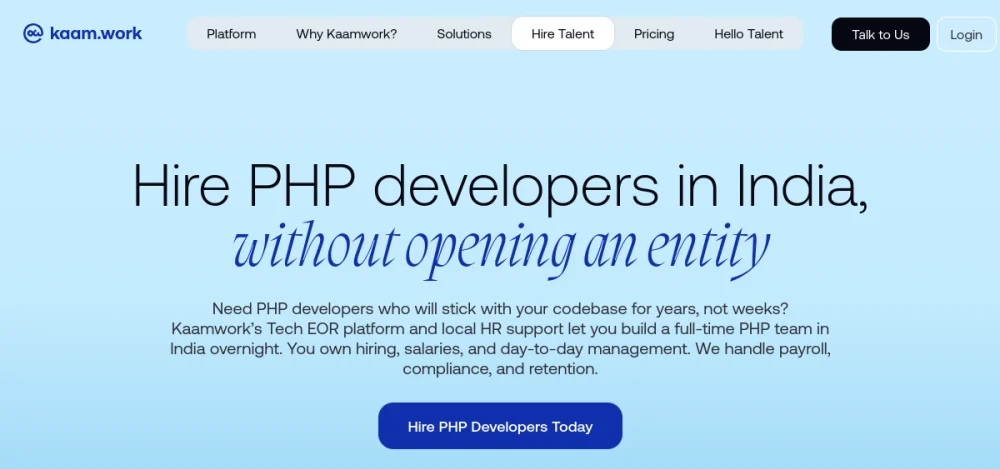 Kaam.work hire PHP developers page