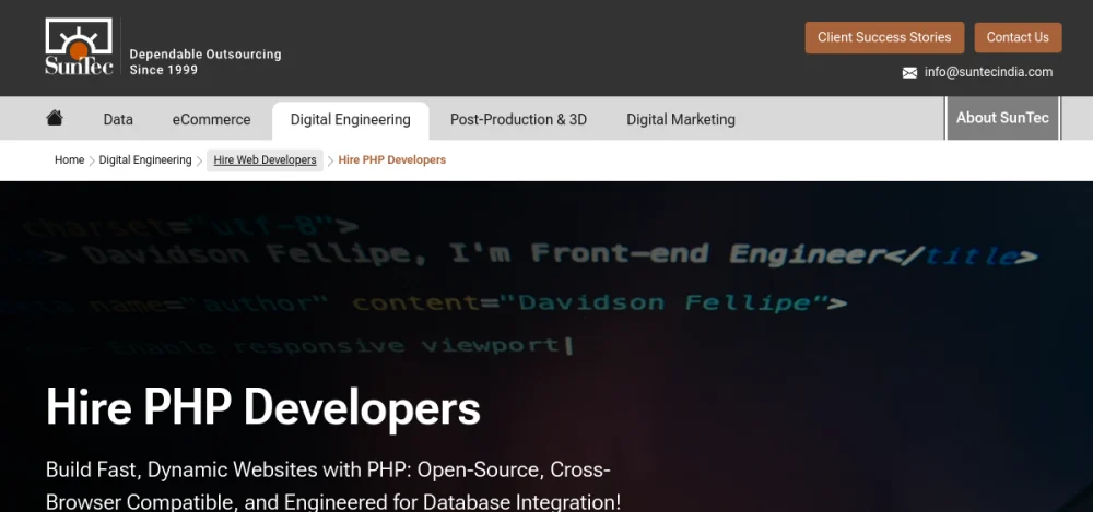 SunTec India hire PHP developers page